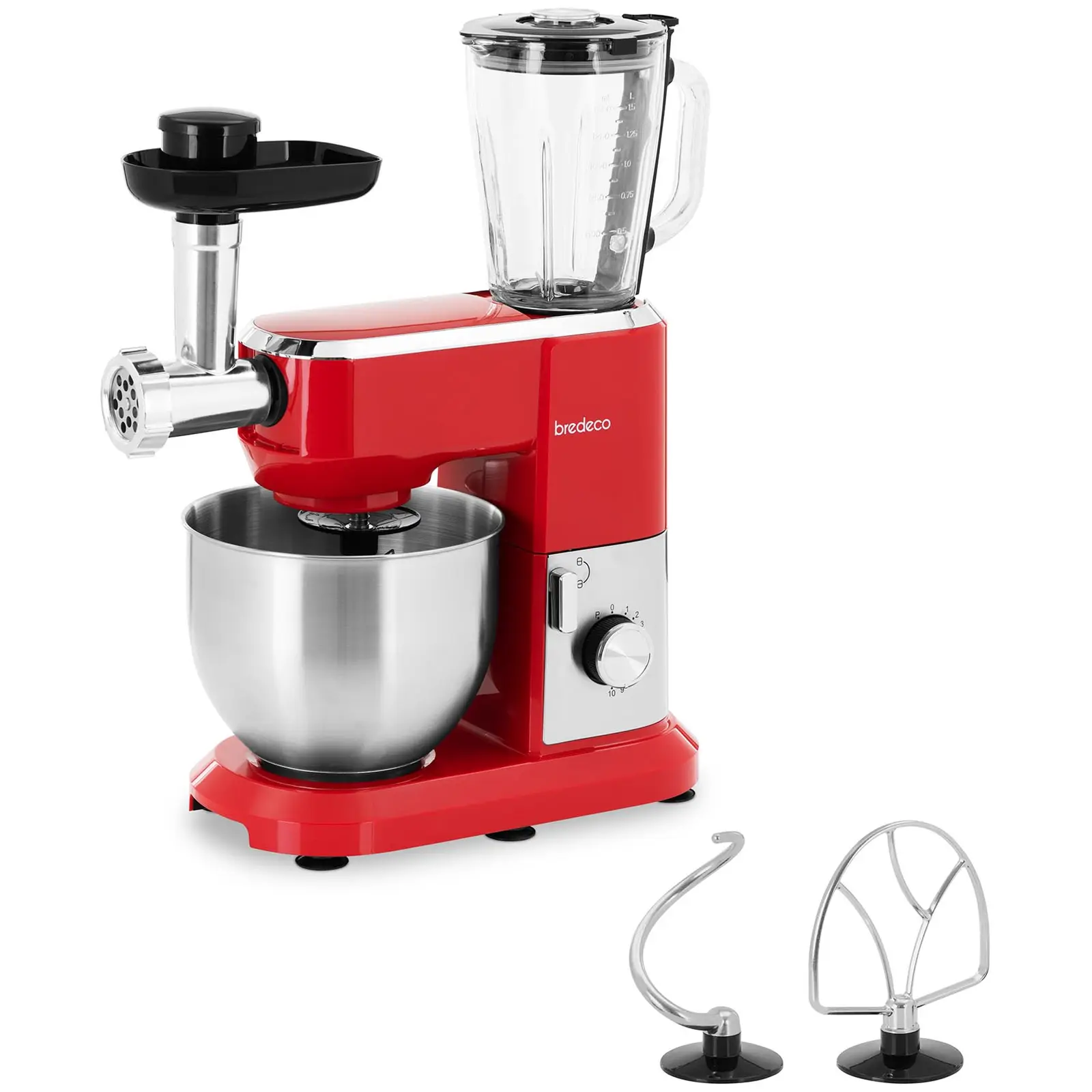 Köksmaskin med mixer - Inkl. mixer, köttkvarn, skivningstillsats - 1,300 W - Röd