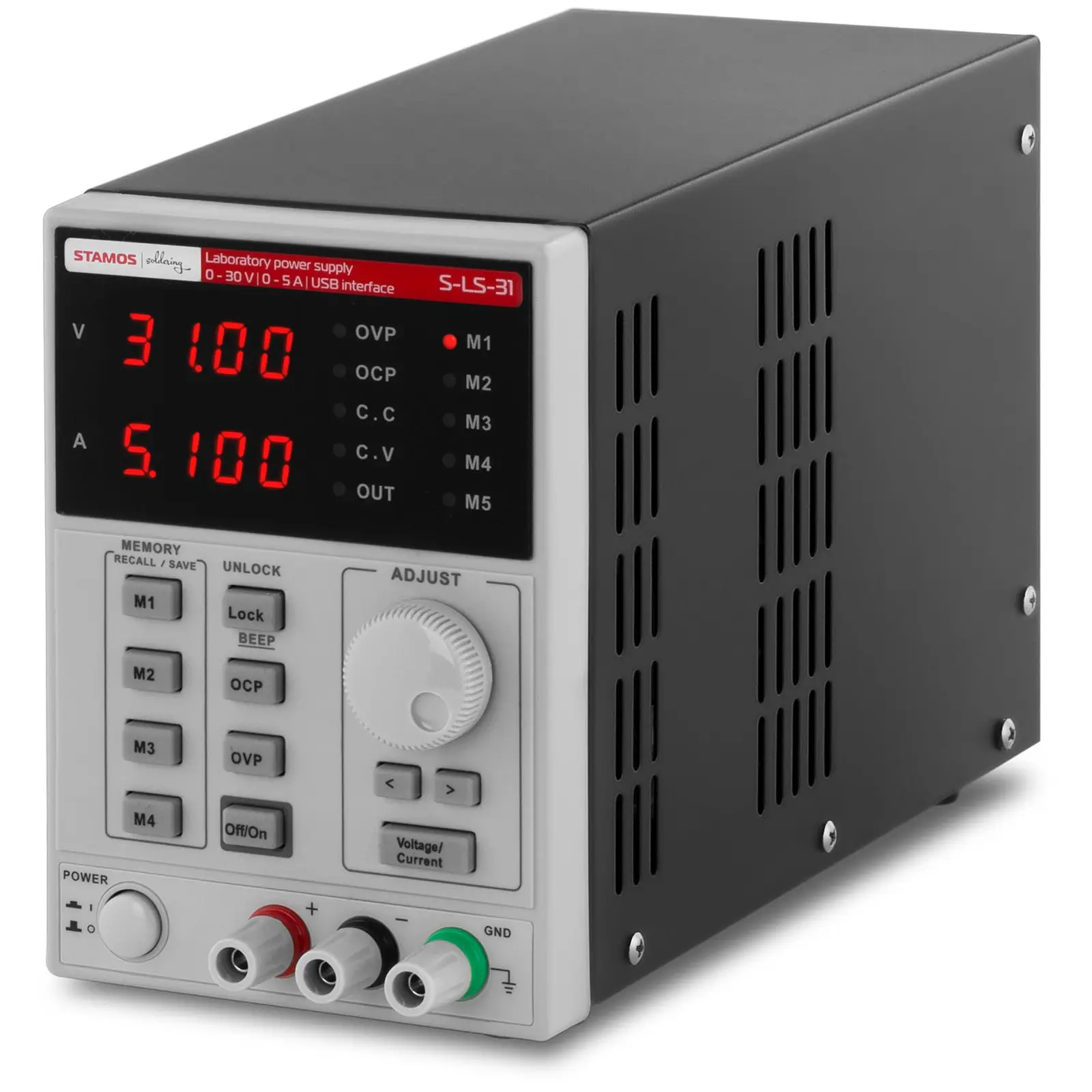 Laboratorieaggregat - 0-30 V, 0-5 A DC, 250 W ¬¬¬- USB - 4 Minnesinställningar