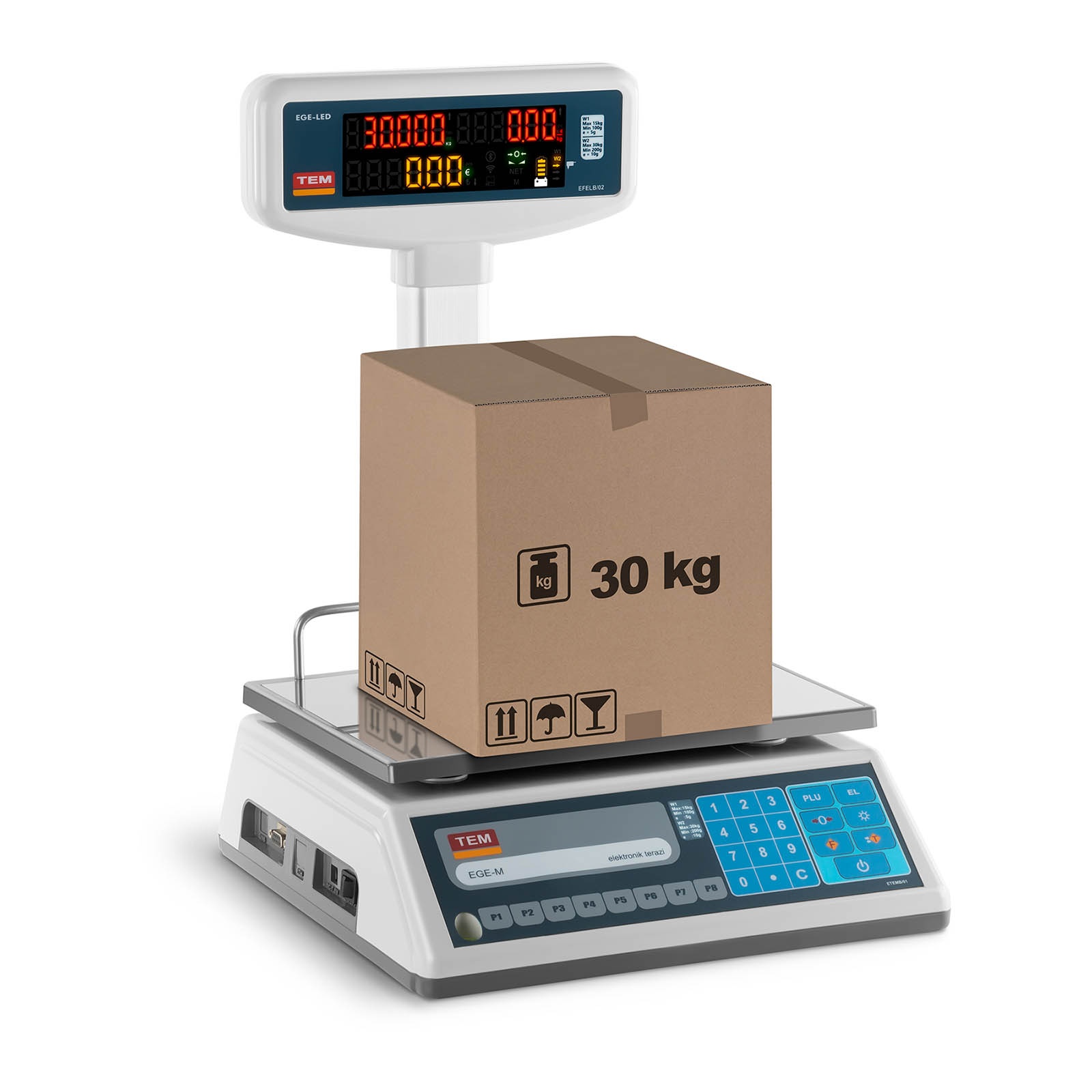 Butiksvåg med LED-stativdisplay - Kalibrerad - 15 kg/15 g - 30 kg/10 g